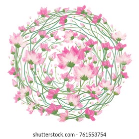 Vector pink, floral circle shape isolated.