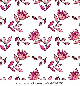 Vector pink floral pattern with flowers and leaves. Cute floral background. Summer seamless pattern.