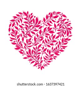 Vector pink floral watercolor heart. Ornamental heart with red branch and leaves. Happy Valentines Day design template.