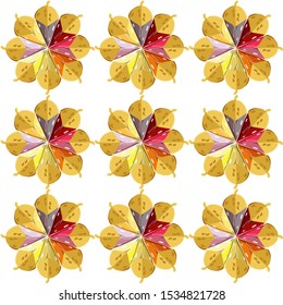 Vector pink flower crystals seamless pattern. Jewelry acorns with gold hats. White background