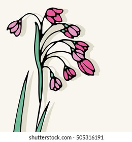 Vector pink flower decorative invitation. Spring doodle elements. Floral card design, doodle elements. 
