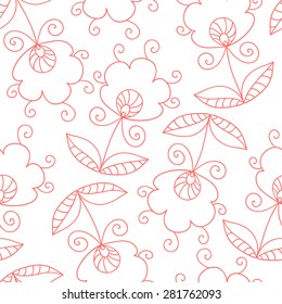 Vector pink flower doodle seamless pattern.