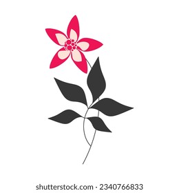 Vector pink flower icon. Hand drawn black leaves branch silhouette isolated. Floral drawing, graphic design, print, beauty branding, card, poster, logo, sign, symbol. Minimal botanical illustration.