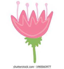 Vector pink flower of interesting shape with green petals. Flowers for the design of children's cards, banners, printing on fabric.