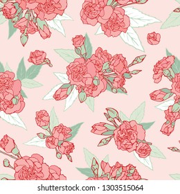 Vector Pink Flower in Peach Pastel Color Background Seamless Pattern