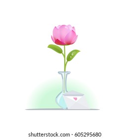 Vector pink flower in the vase. A letter with love message. Big bud