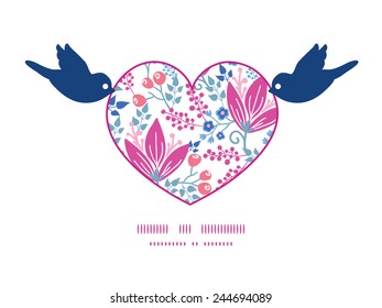 Vector pink flowers birds holding heart silhouette frame pattern invitation greeting card template