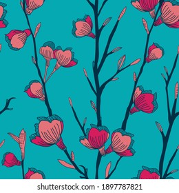Vector pink flowers branches blue seamless pattern