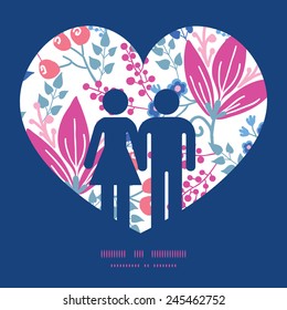 Vector pink flowers couple in love silhouettes frame pattern invitation greeting card template