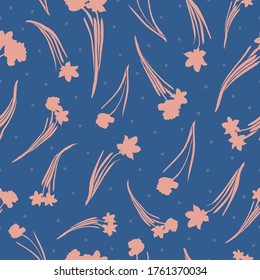 Vector pink flowers, dots, blue seamless pattern 