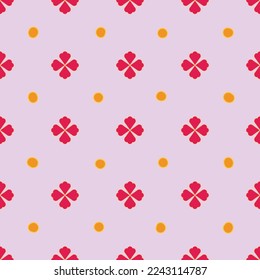 Vector pink Flowers And Dots seamless pattern. Tiny raspberry red flowers made of threefold petals sitting between orange dots. Part of Perfect Pyjamas collection.
