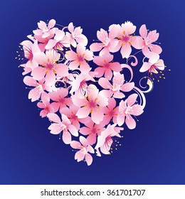 vector pink flowers heart on dark blue background