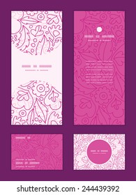 Vector pink flowers line art vertical frame pattern invitation greeting, RSVP and thank you cards set