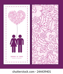 Vector pink flowers line art couple in love silhouettes frame pattern invitation greeting card template