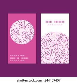 Vector pink flowers line art vertical round frame pattern business cards set