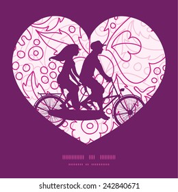 Vector pink flowers lineart couple on tandem bicycle heart silhouette frame pattern greeting card template