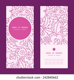Vector pink flowers lineart vertical round frame pattern invitation greeting cards set