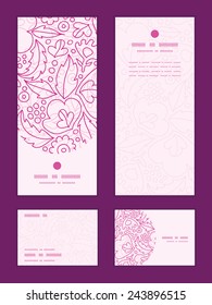 Vector pink flowers lineart vertical frame pattern invitation greeting, RSVP and thank you cards set