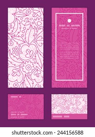 Vector pink flowers lineart vertical frame pattern invitation greeting, RSVP and thank you cards set