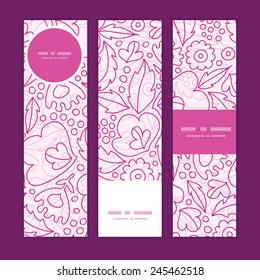 Vector pink flowers lineart vertical banners set pattern background