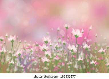 Vector pink flowers on  bokeh background.