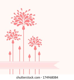 Vector pink flowers with petals in shape of drop. Card with bunch and ribbon. Decorative illustration for print, web