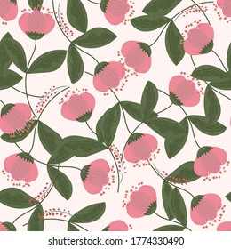 Vector pink flowers in seamless pattern in white background ,Blooming flower illustration