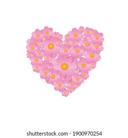 Vector Pink flowers in shape of a heart on white background