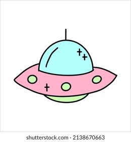 Vector Pink flying saucer in flat style. Ufo sticker in children's style.