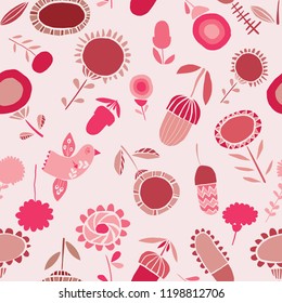 Vector pink folkloric floral seamless pattern background. Ideal for fabrics, textiles, scrapbooking, wallpapers and crafts.