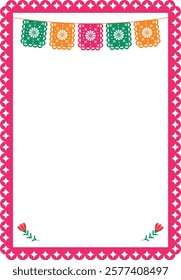 Vector pink frame with holiday flags and flowers. Mexican fiesta - holiday frame, social media story. Design element for banner, poster, card, invitation.