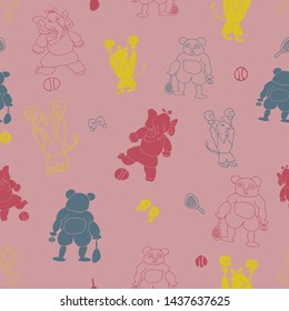 Vector pink fun anthropomorph cartoon sporty characters seamless pattern background
