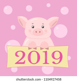 Vector pink funny cute piggy wishes happy New year 2019 on pink background with bubbles