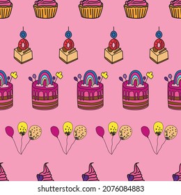Vector Pink Funny Party with cakes seamless background pattern