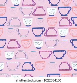 Vector pink garden tea cups seamless pattern background. Perfect for scrapbooking, wallpaper, crafts and fabric projects.