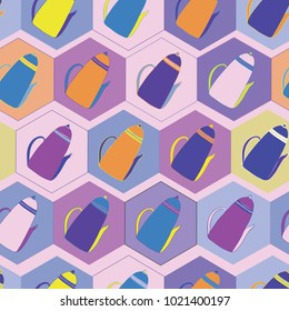 Vector pink garden tea party kettles laying on  hexagonal shapes, seamless pattern background. Perfect for fabric, scrapbooking, wallpaper and craft projects.