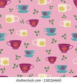 Vector pink garden tea party seamless pattern. Perfect for fabric, scrapbooking, wallpaper projects.