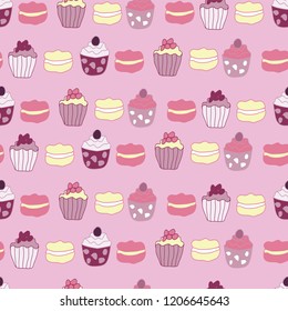 Vector Pink Garden Tea Party Cake Seamless Pattern Background. Perfect for fabric, wallpaper and scrapbooking projects.