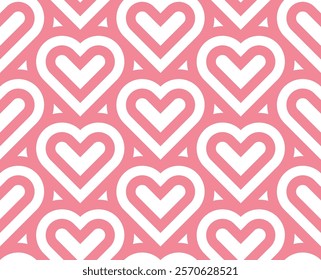 Vector pink geometric pattern. Seamless linear pattern with hearts.