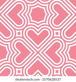 Vector pink geometric pattern. Seamless linear pattern with hearts.
