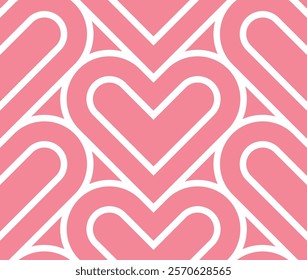 Vector pink geometric pattern. Seamless linear pattern with hearts.