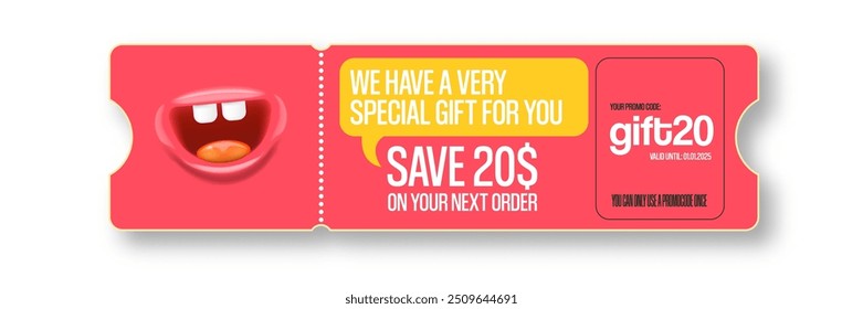 Vector PINK Gift Voucher with Coupon Code And Cute Funny Monster Character. Kawaii Design with Happy Face Emoji. Pink Discount Offer Graphic with Promo Code for restaurant and cafe.