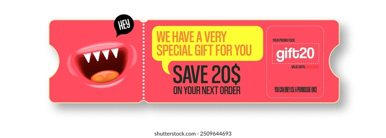 Vector PINK Gift Voucher with Coupon Code And Cute Funny Monster Character. Kawaii Design with Happy Face Emoji. Pink Discount Offer Graphic with Promo Code for restaurant and cafe.