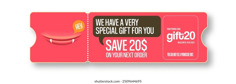 Vector PINK Gift Voucher with Coupon Code And Cute Funny Monster Character. Kawaii Design with Happy Face Emoji. Pink Discount Offer Graphic with Promo Code for restaurant and cafe.