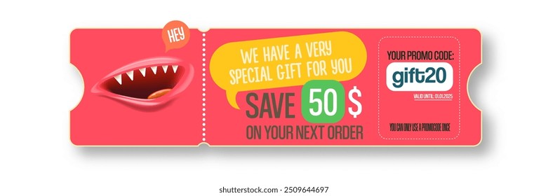 Vector PINK Gift Voucher with Coupon Code And Cute Funny Monster Character. Kawaii Design with Happy Face Emoji. Pink Discount Offer Graphic with Promo Code for restaurant and cafe.