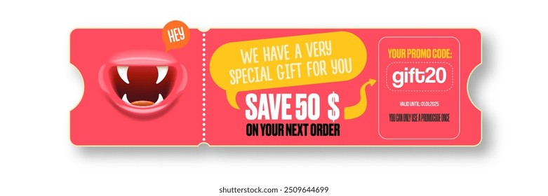 Vector PINK Gift Voucher with Coupon Code And Cute Funny Monster Character. Kawaii Design with Happy Face Emoji. Pink Discount Offer Graphic with Promo Code for restaurant and cafe.