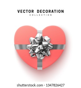 Vector pink Gifts box. Isolated realistic gift presents in heart shape view top.