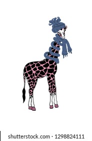 Vector pink giraffe in blue hat and scarf.