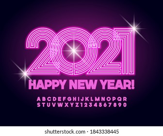 Vektor rosa leuchtende Grußkarte Frohes neues Jahr 2021! Neon hell Font. Satz für kreative elektrische Alphabet-Buchstaben und -Zahlen