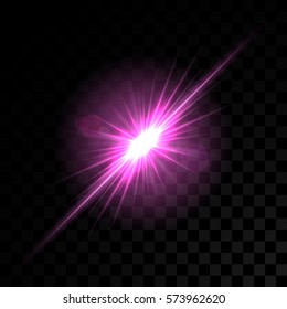 Vector pink glowing lights on transparent background. Special effect light rays. Spark, star burst, flash. Spotlight flare. Illumination.